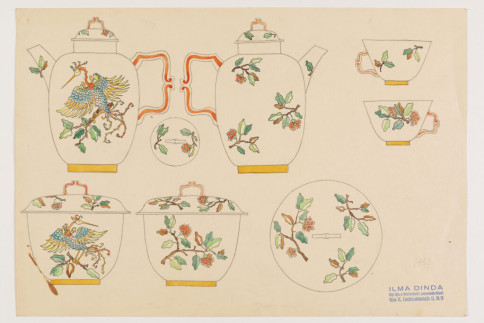 Entwurf: Teeservice Fantasievögeln und Pflanzendekor 1