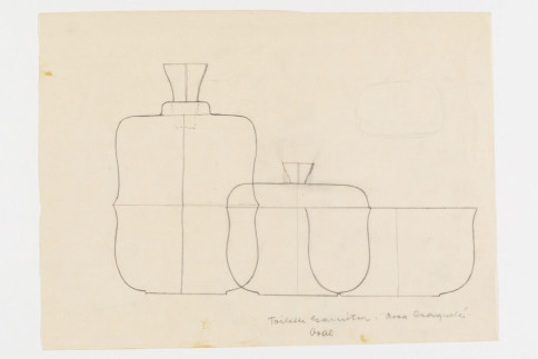 Entwurf: Toilettegarnitur aus drei Objekten mit rosa Cracquelé, unbekannte:r Entwerfer:in, um 1930/35