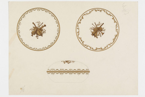 Entwurf: Deckeldose mit Musiktrophäen in Gold (Dekor 6412).