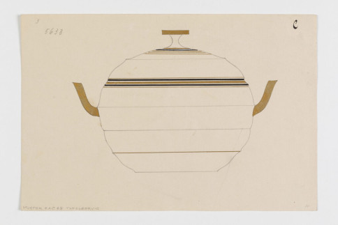 Entwurf: Berliner Dekor (Nr. 5633) mit Poliergold für eine Deckelterrine, Service 68 von Michael Powolny, Dekor: unbekannte: Entwerfer:in.