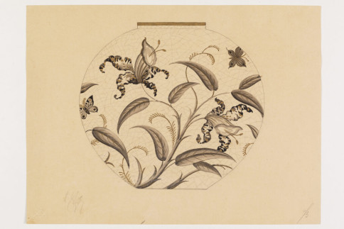 Entwurf: Vase mit Orchideen und Schmetterlingen